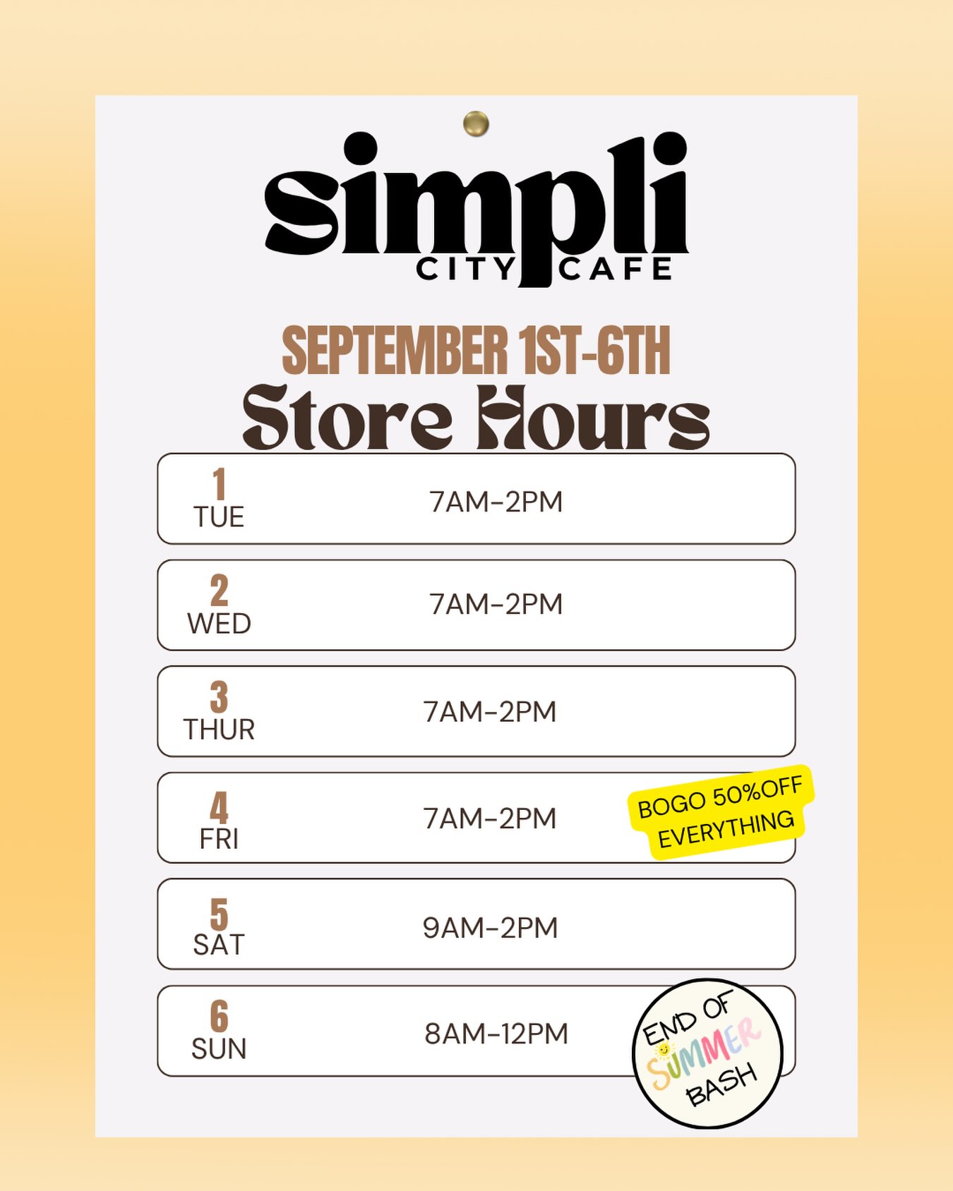 Saturday Store Hours 9AM-2PM