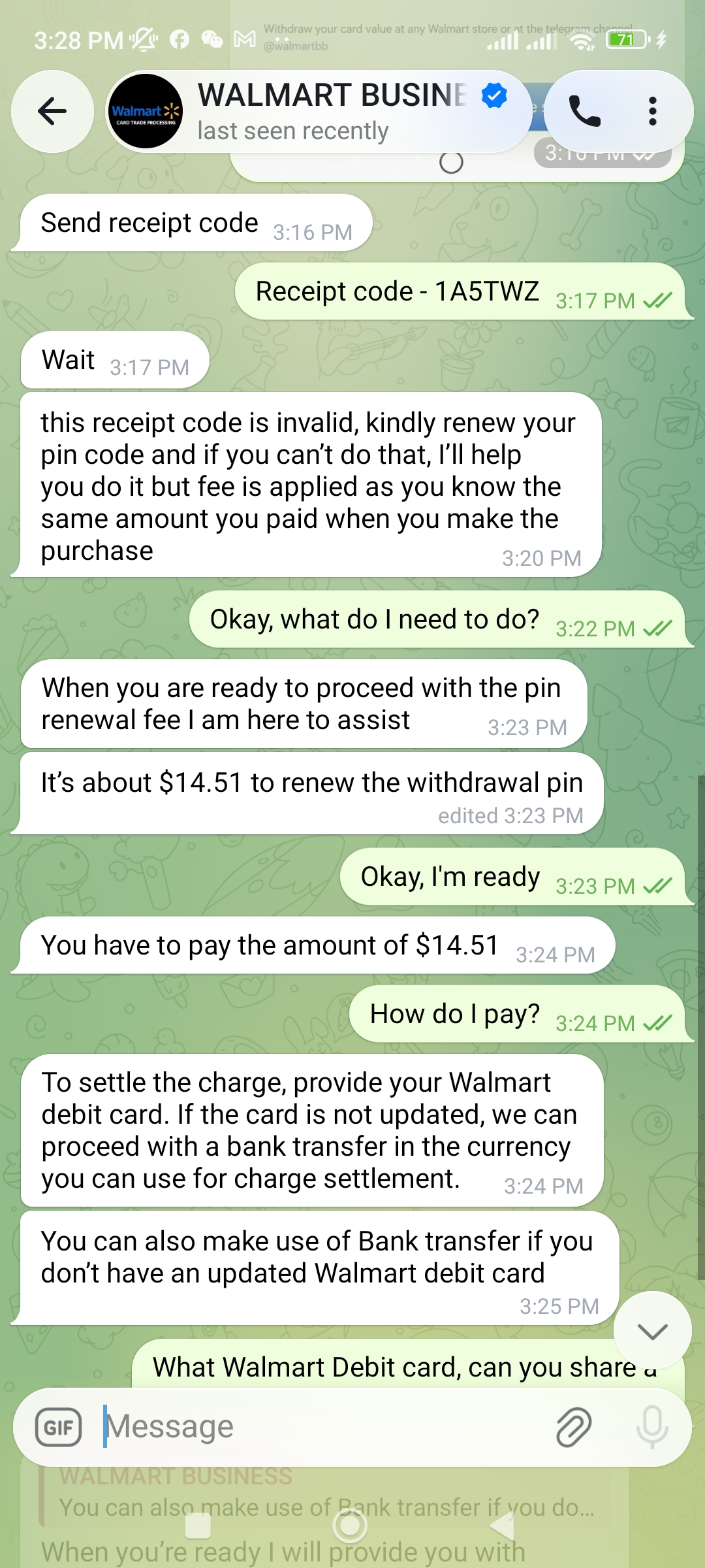 Fake Walmart Gift Card Telegram Scam