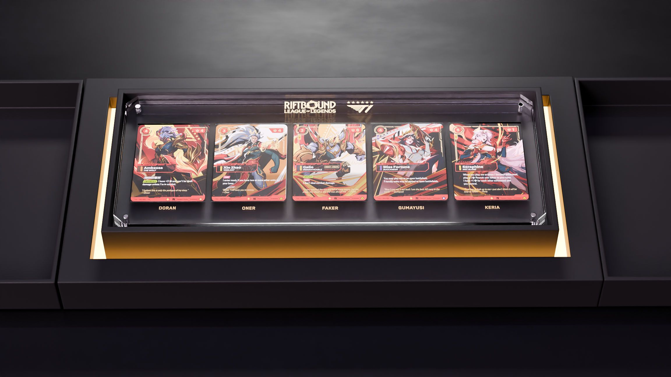 The display frame seated in the presentation case the set ships in, lit from the gold interior