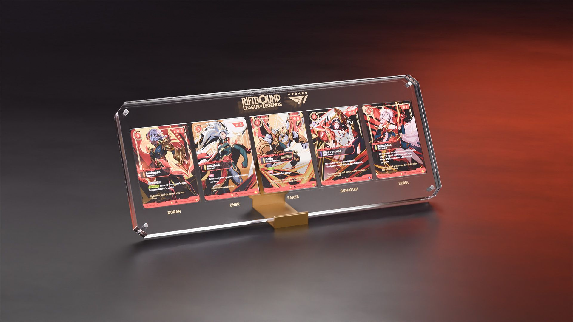 The five cards mounted in the acrylic display frame included with the set, with each player's name printed beneath their card