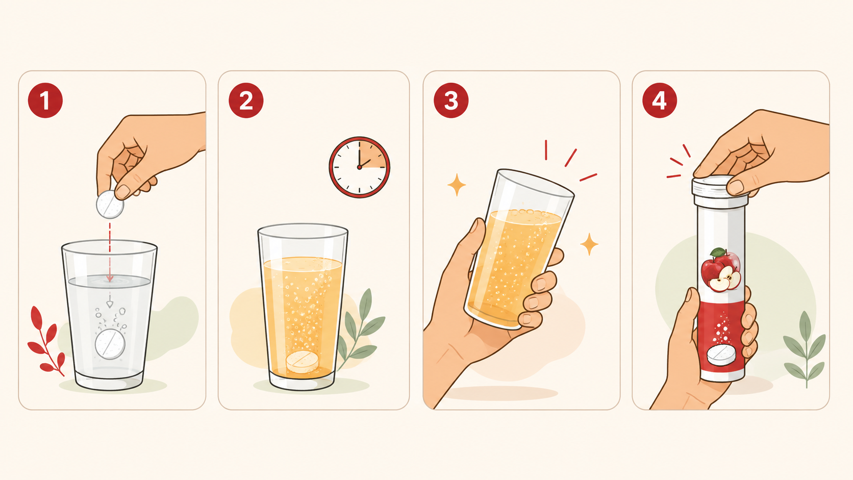 Four-step illustration showing how to prepare an ACV effervescent tablet in water