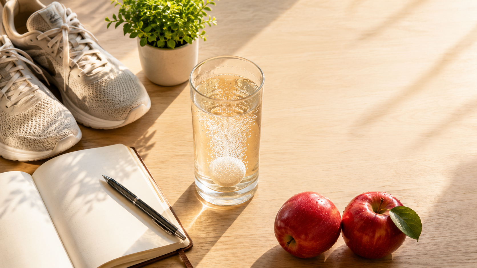 Top-down flatlay of a morning ACV ritual with a fizzing glass, running shoes, a journal, and a sunrise window light