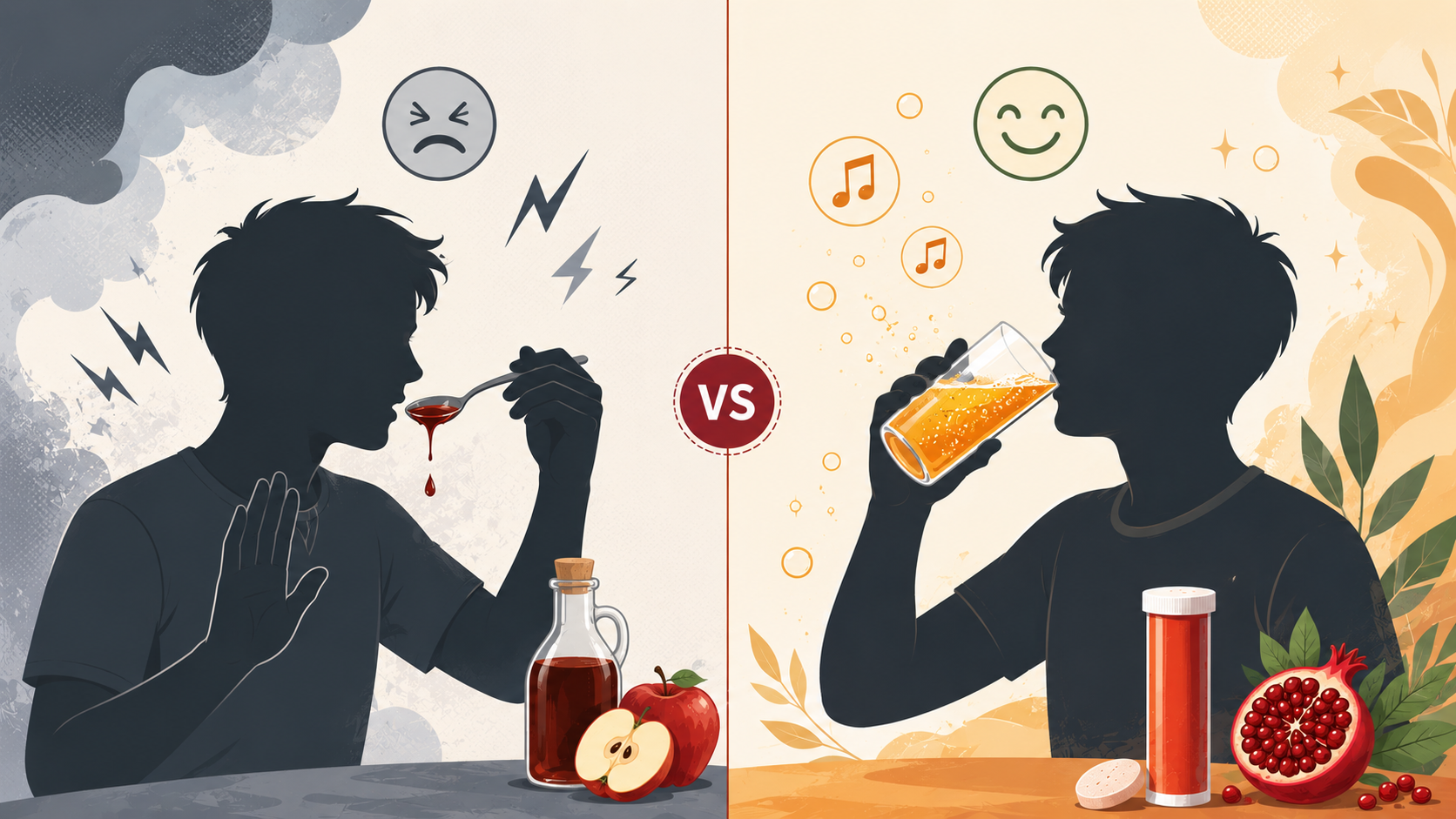Split-screen visual contrasting the harsh experience of drinking undiluted liquid vinegar against the pleasant experience of an apple-flavoured effervescent tablet