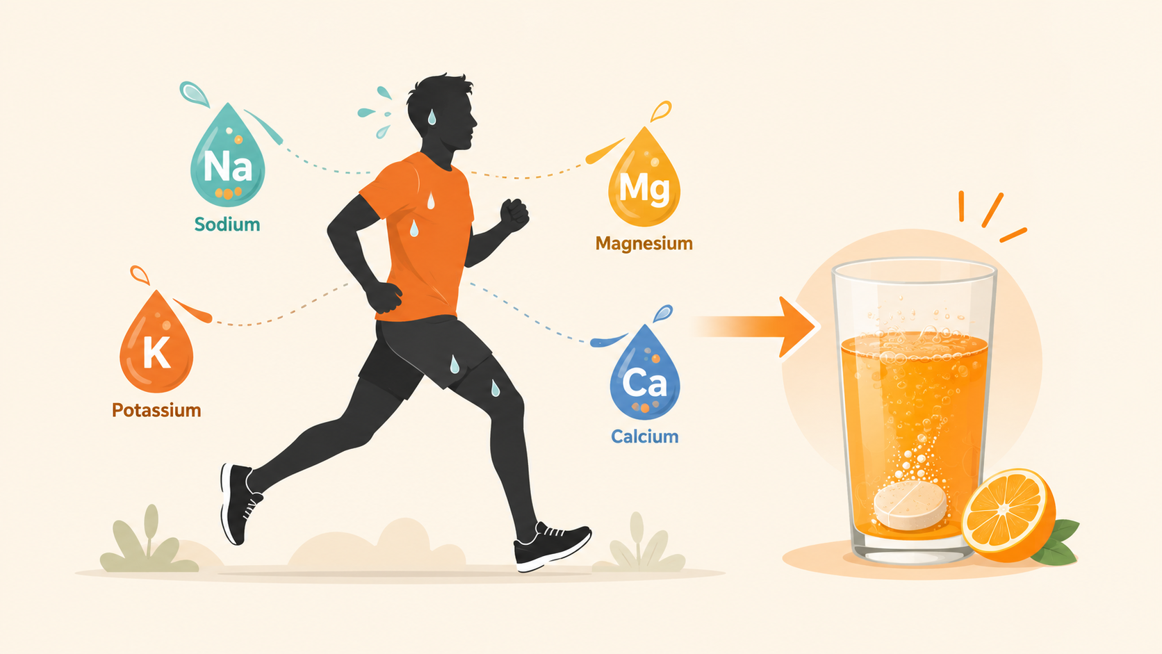 Illustration of a person sweating during exercise with electrolyte minerals like sodium, potassium and magnesium shown leaving the body as tiny icons
