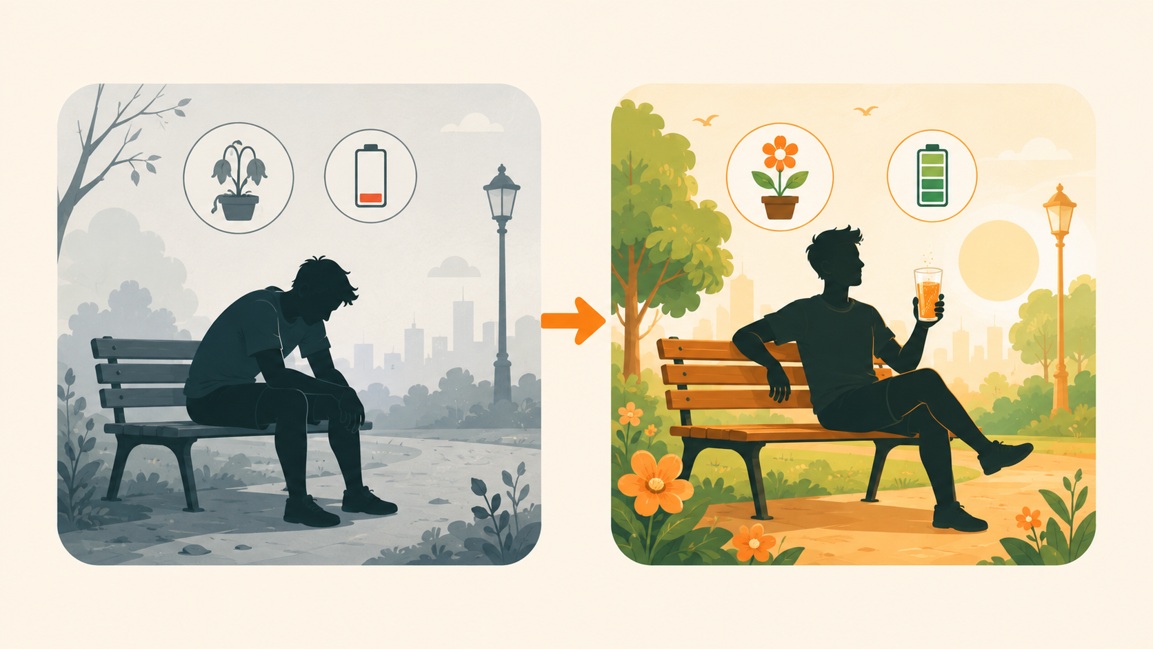 Before and after style illustration showing a tired, low-energy mood transforming into an energized, refreshed mood after hydrating with an electrolyte drink