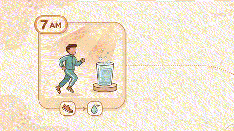 Illustrated daily timeline showing when someone might drink an electrolyte tablet: morning workout, midday heat, and evening travel