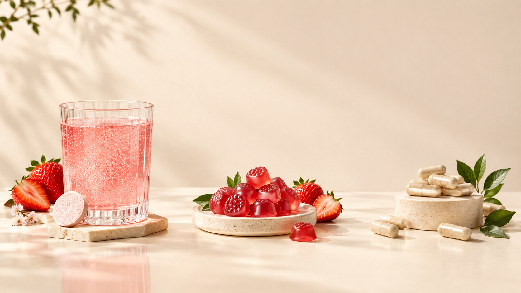 A pink effervescent hair care tablet dissolving in a glass of water with fresh strawberries and a strand of shiny hair motif beside it