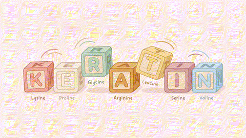 Creative illustration of amino acid letter blocks spelling out the word KERATIN, representing how amino acids build hair protein