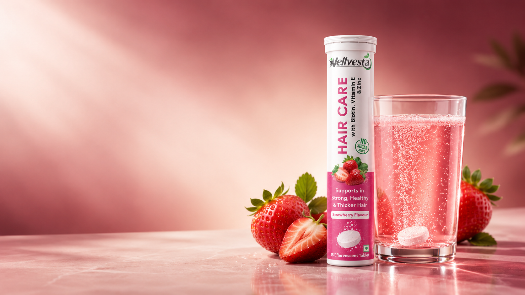 Premium hero banner of the Wellvesta Hair Care tube surrounded by strawberries and a fizzing pink glass on a soft pink gradient background