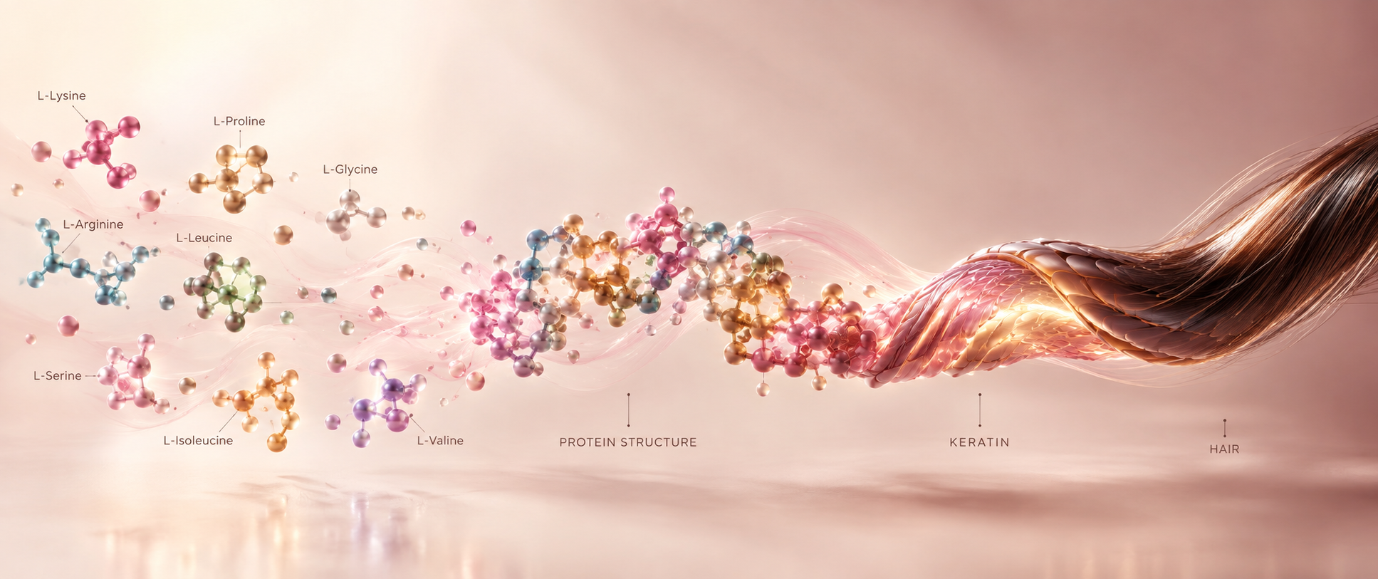 Cross-section illustration of a hair strand showing keratin protein layers being nourished by biotin, zinc, and amino acids from the inside