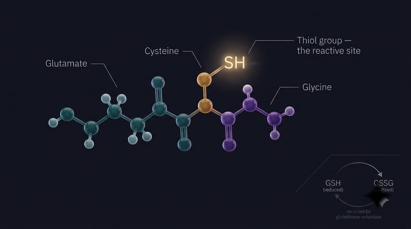 Molecular diagram of the glutathione tripeptide showing glutamate, cysteine and glycine linked together with the reactive thiol group highlighted