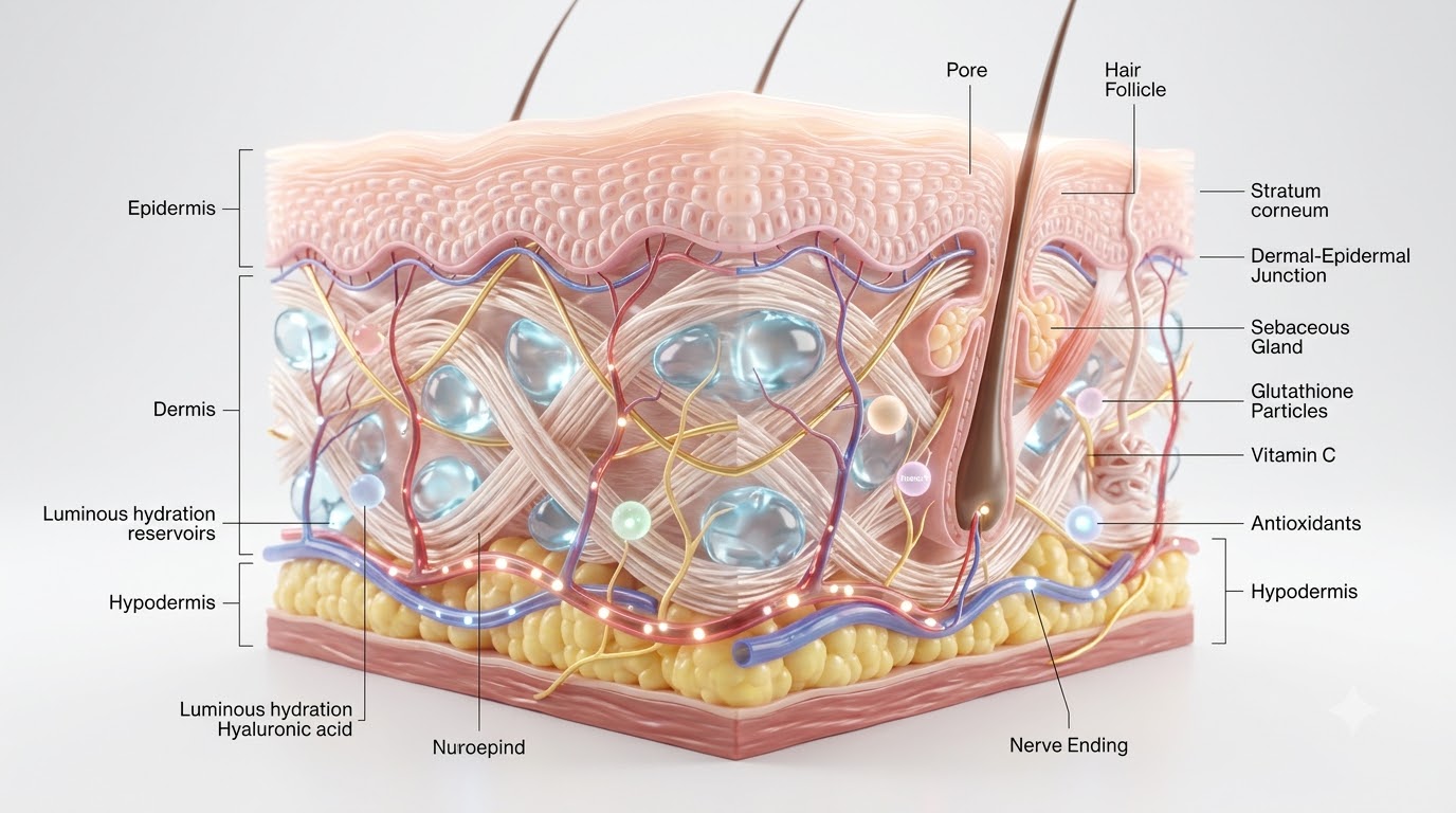 Detailed anatomical cross-section of skin showing epidermis, dermis with collagen fibers and hyaluronic acid, and hypodermis, with nutrients arriving via capillaries