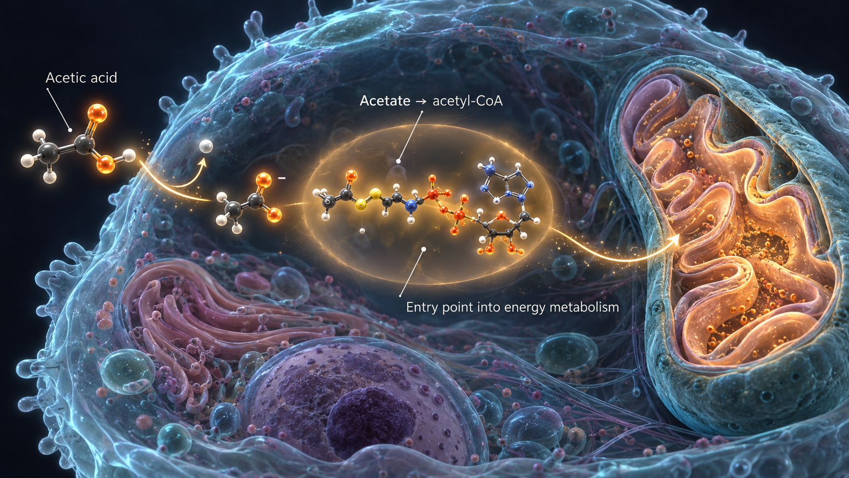 Acetic acid converted to acetate and acetyl-CoA inside a liver cell mitochondrion