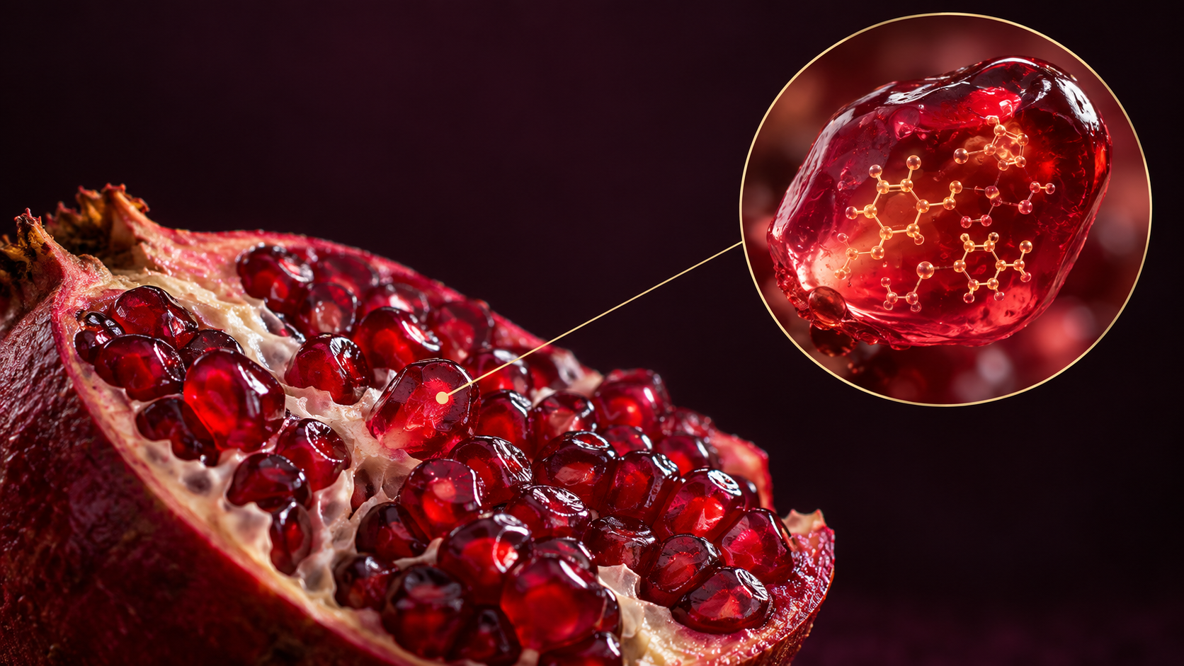 Cross-section of a pomegranate aril with polyphenol molecules glowing