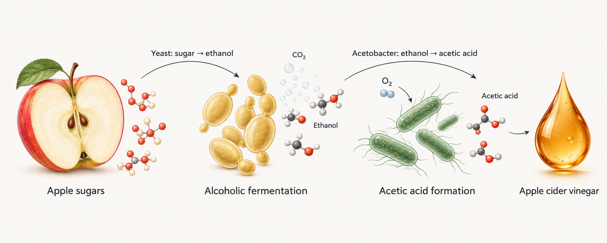Two-stage fermentation from apple to ethanol to acetic acid