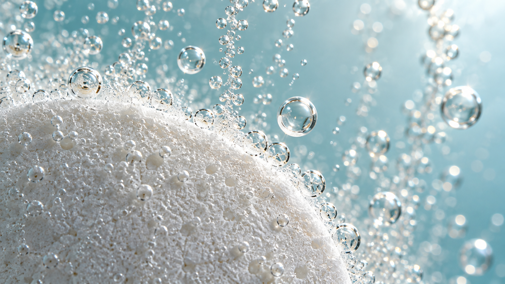 Macro of effervescent tablet showing citric acid reacting with bicarbonate to form CO2