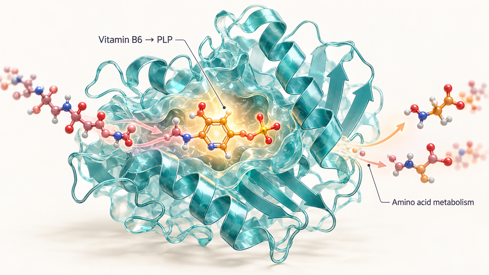 Vitamin B6 coenzyme docking into an enzyme pocket during amino acid metabolism