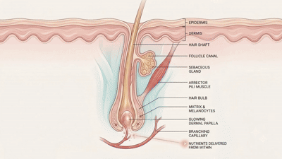 Cross-section of a hair follicle showing bulb, dermal papilla, sebaceous gland and shaft layers