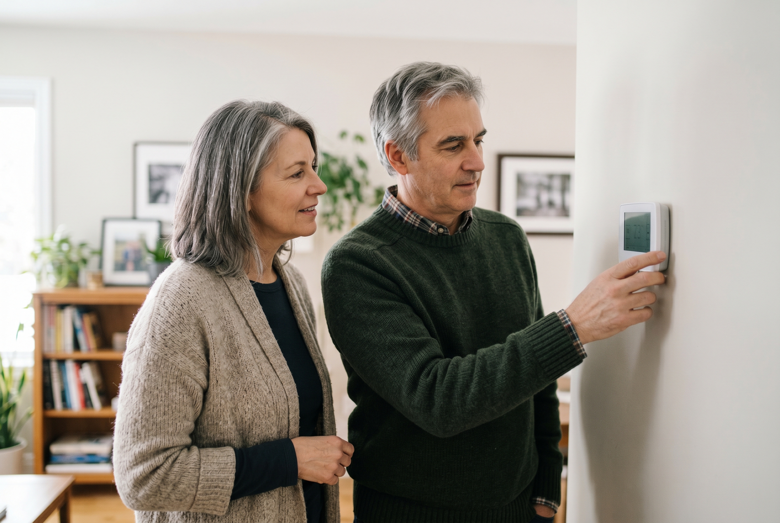 A couple reviewing their home utility settings together