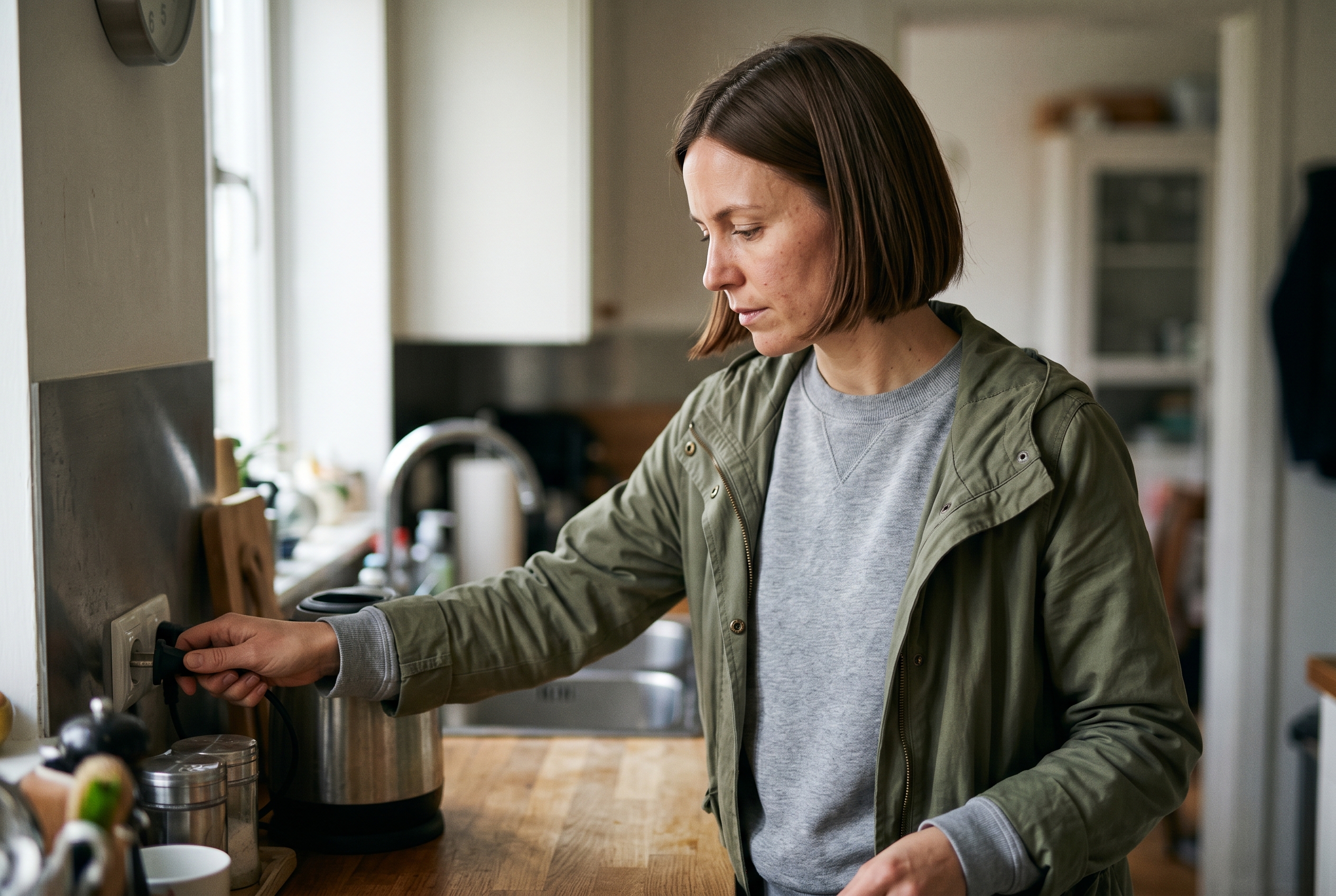 Vrouw controleert een huishoudelijk apparaat in de keuken