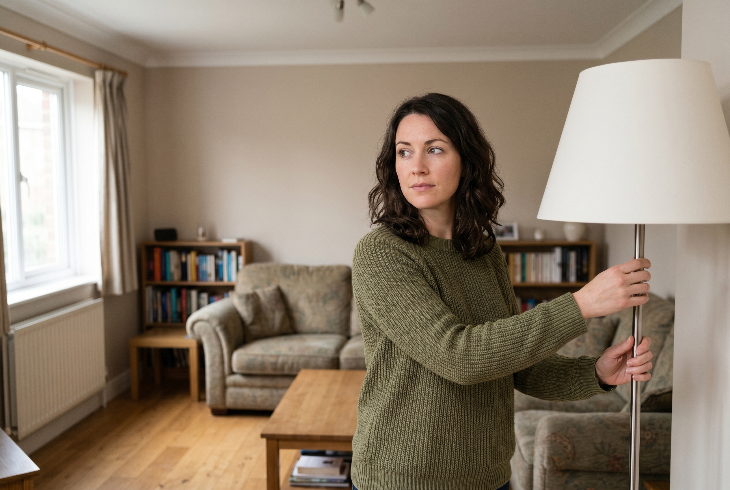 A person switching off a lamp in a modest living room, representing everyday energy-saving habits.