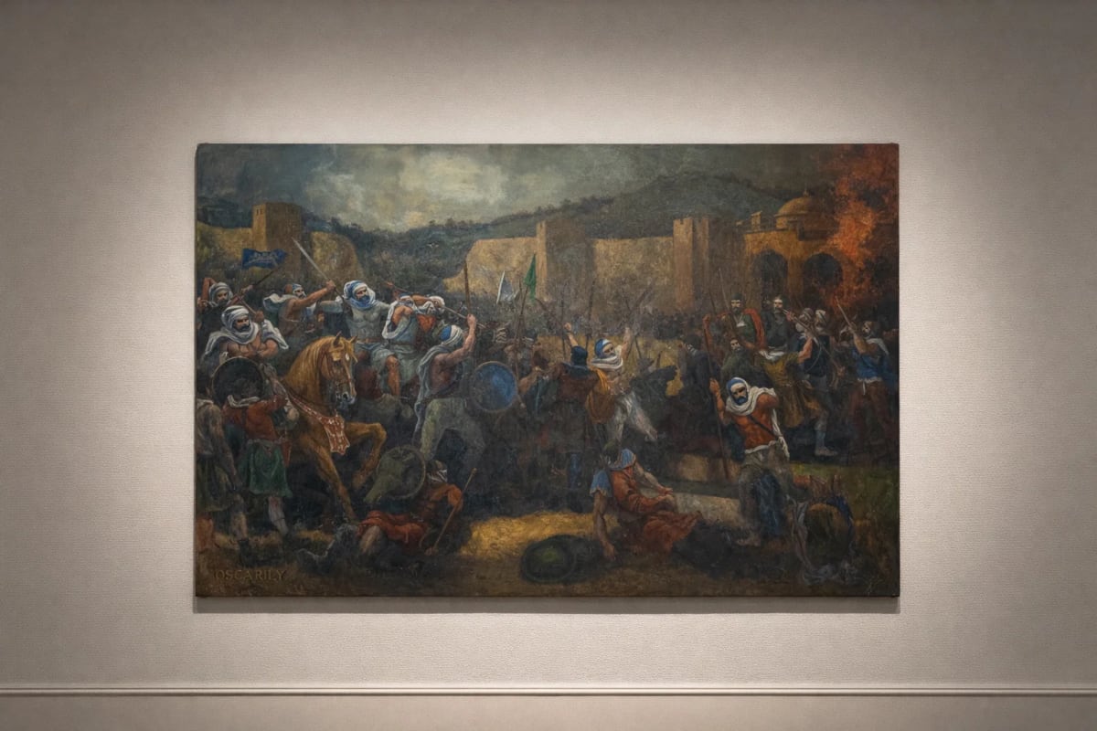 لوحة معركة المعمورية — موقعة من الفنان هاني محي الدين (1981)