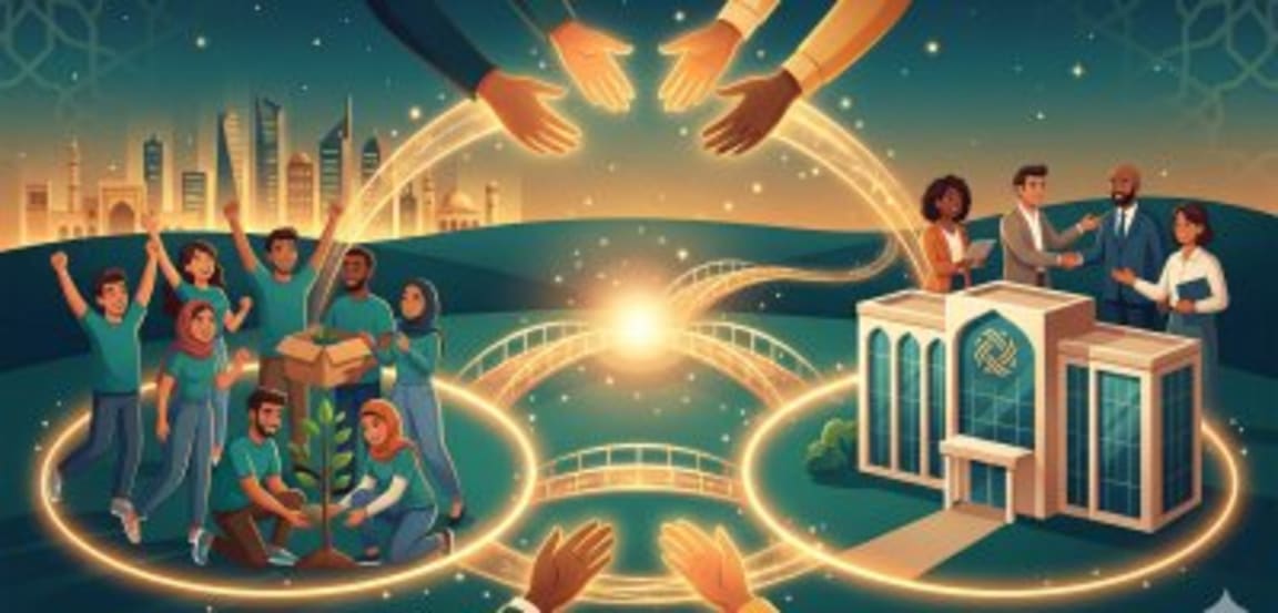 رسم توضيحي لمتطوعين ومنظمات وداعمين مترابطين في منصة ترابط