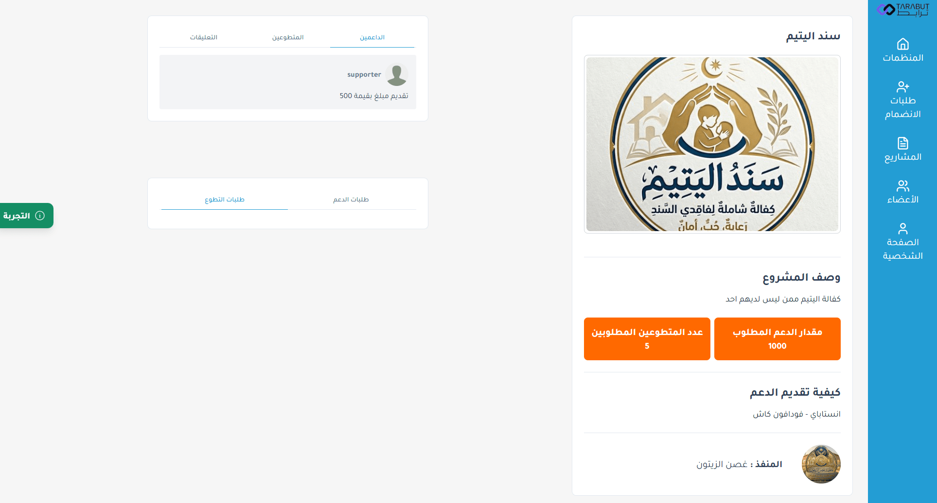 صفحة مشروع تطوعي في منصة ترابط تعرض الوصف ومقدار الدعم المطلوب وعدد المتطوعين والمنظمة المنفذة وقوائم الداعمين والمتطوعين