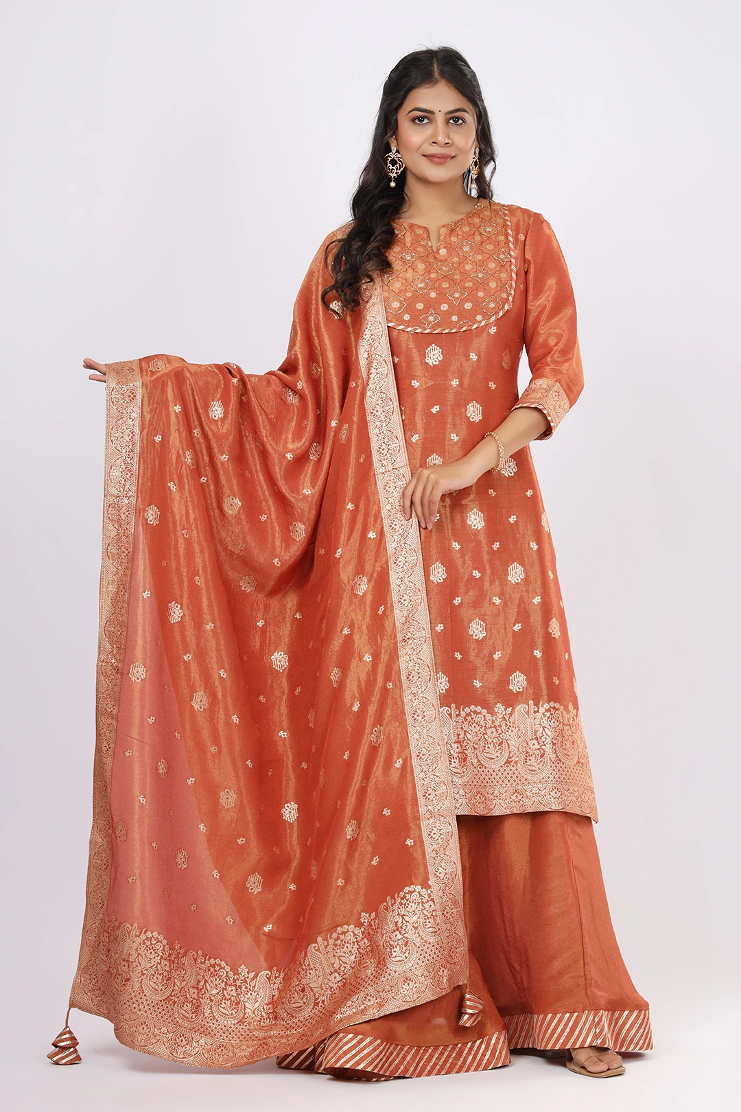 Vglame Women Copper Traditional Kurta Lehenga Set with Handcrafted Yoke & Dupatta