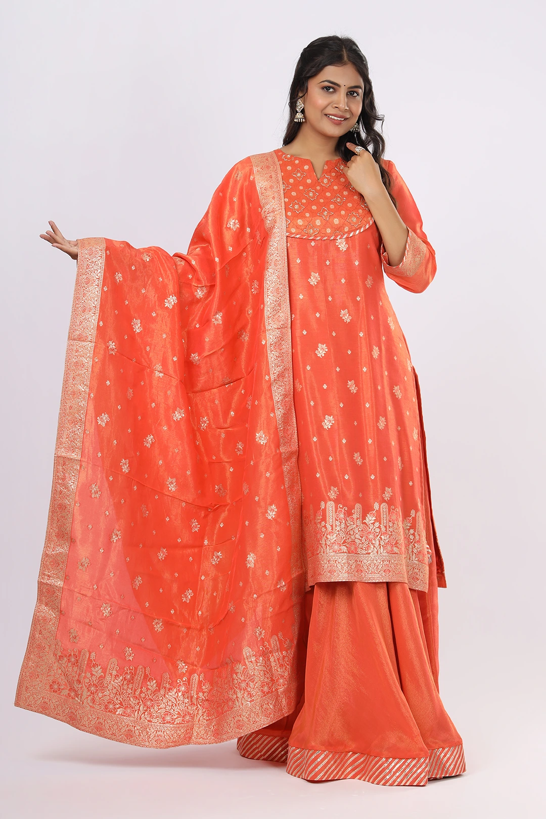 Vglame Women Peach Ethnic Kurta Lehenga Set with Handwork Neck & Zari Dupatta