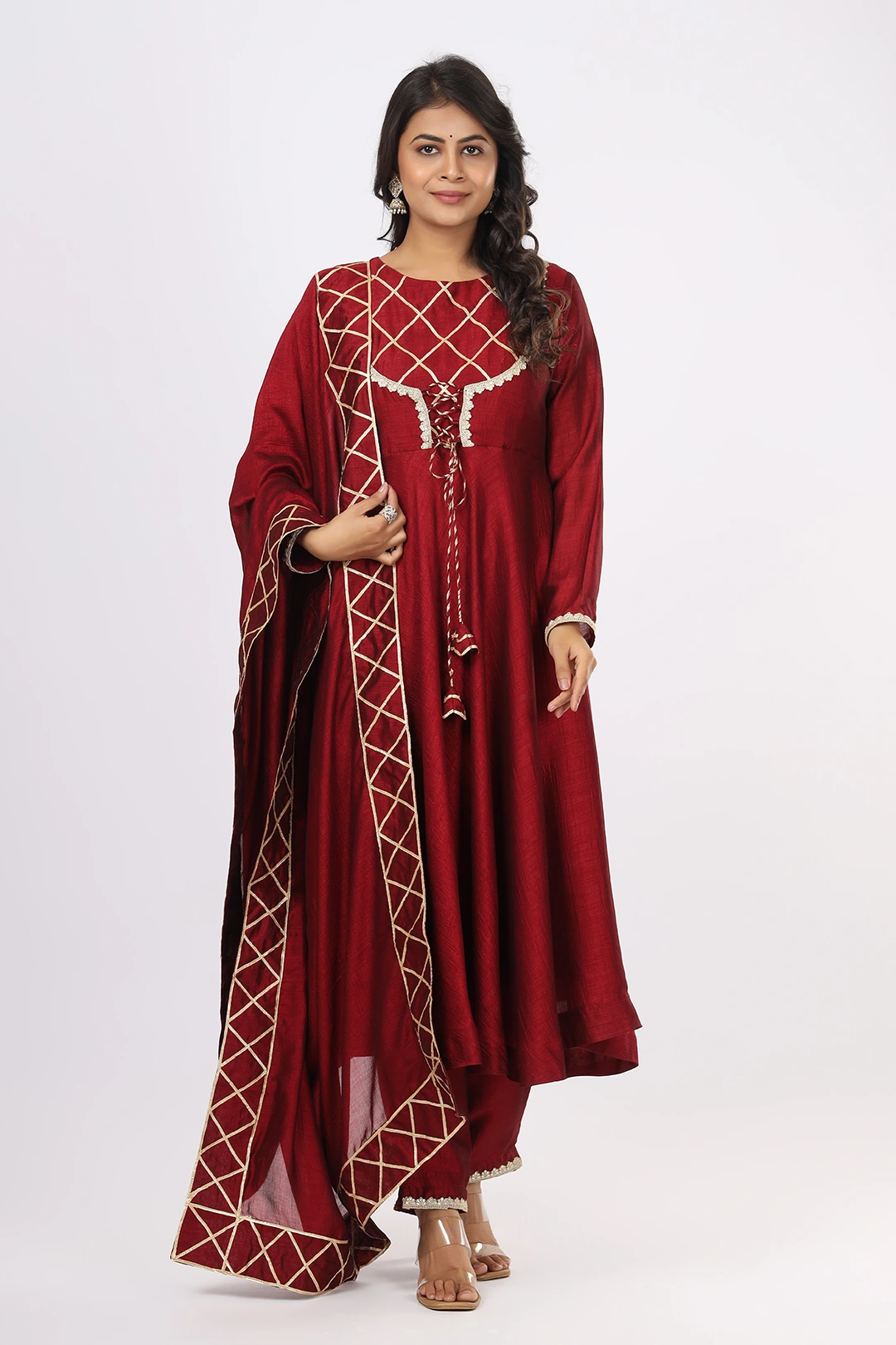 Vglame Women Maroon Flared Kurta Set with Gota Work Yoke & Dupatta