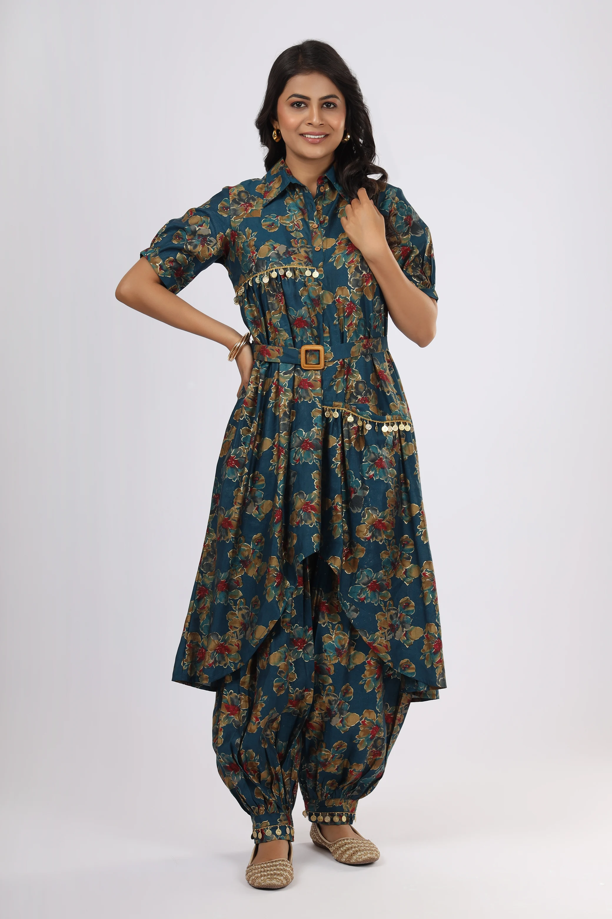 Vglame Women Blue Chanderi Dress with Coin Lace Embellishments