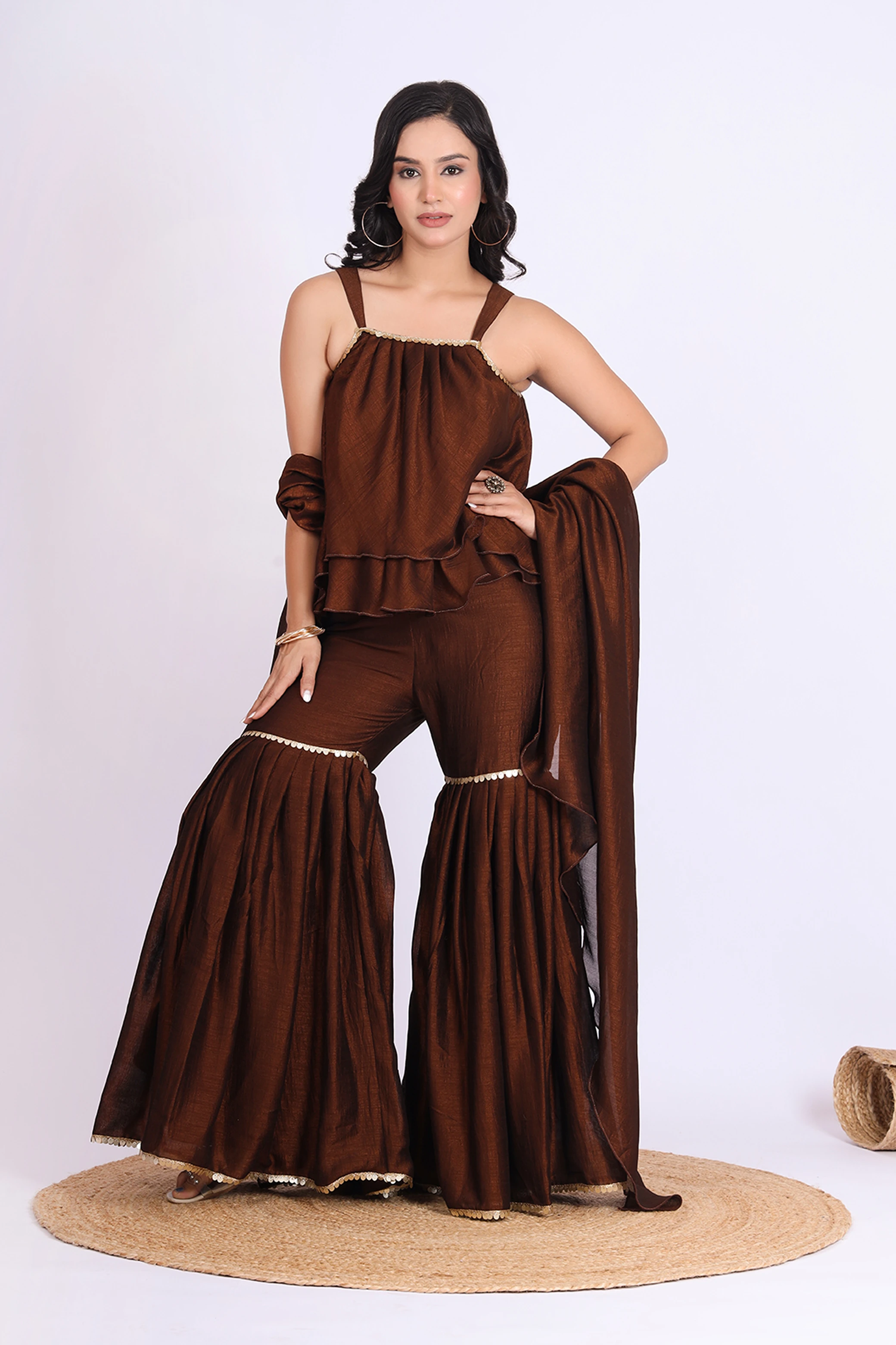 Vglame Women Brown Stylish Sharara Set with Crop Top & Lace Dupatta