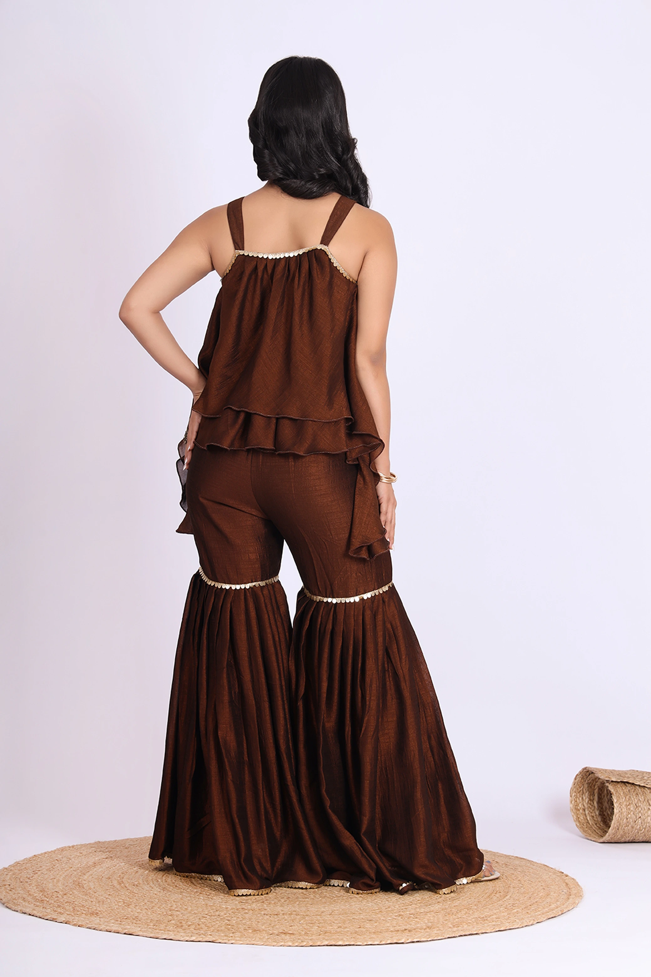 Vglame Women Brown Stylish Sharara Set with Crop Top & Lace Dupatta alternate view