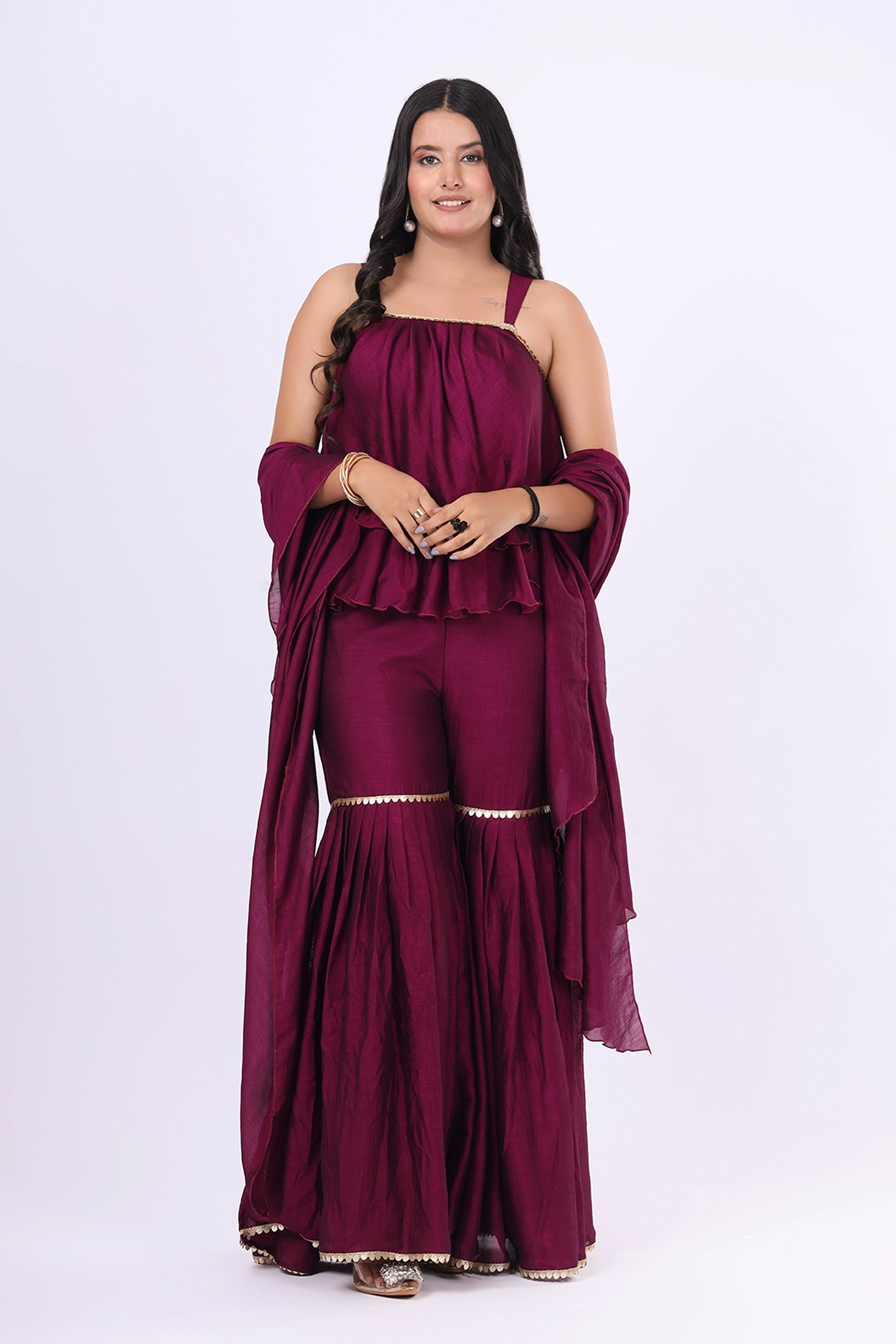 Vglame Women Wine Modern Sharara Set with Flared Crop Top & Dupatta