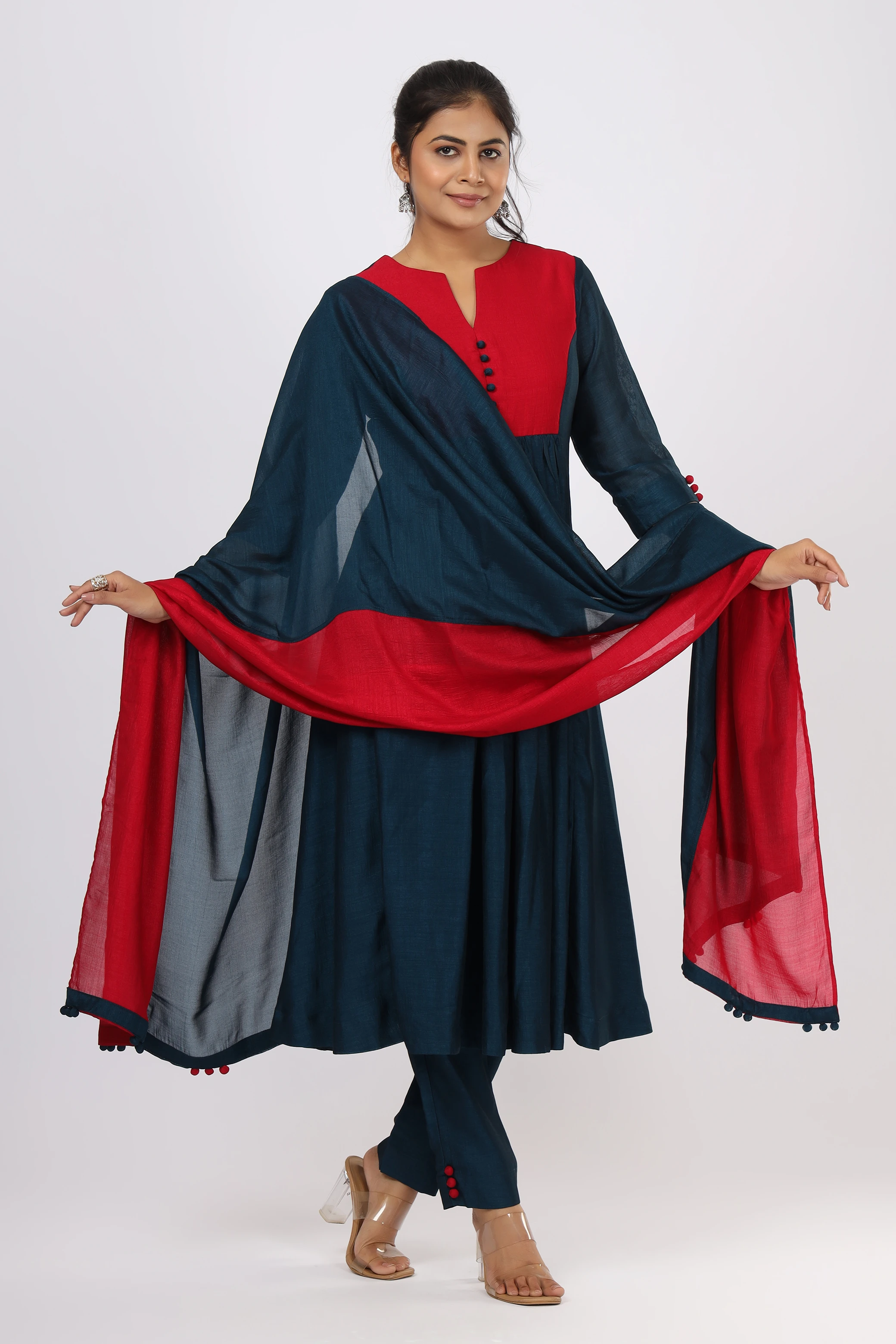 Vglame Women Blue A-Line Kurta Set with Pink Dupatta & Potli Button Yoke