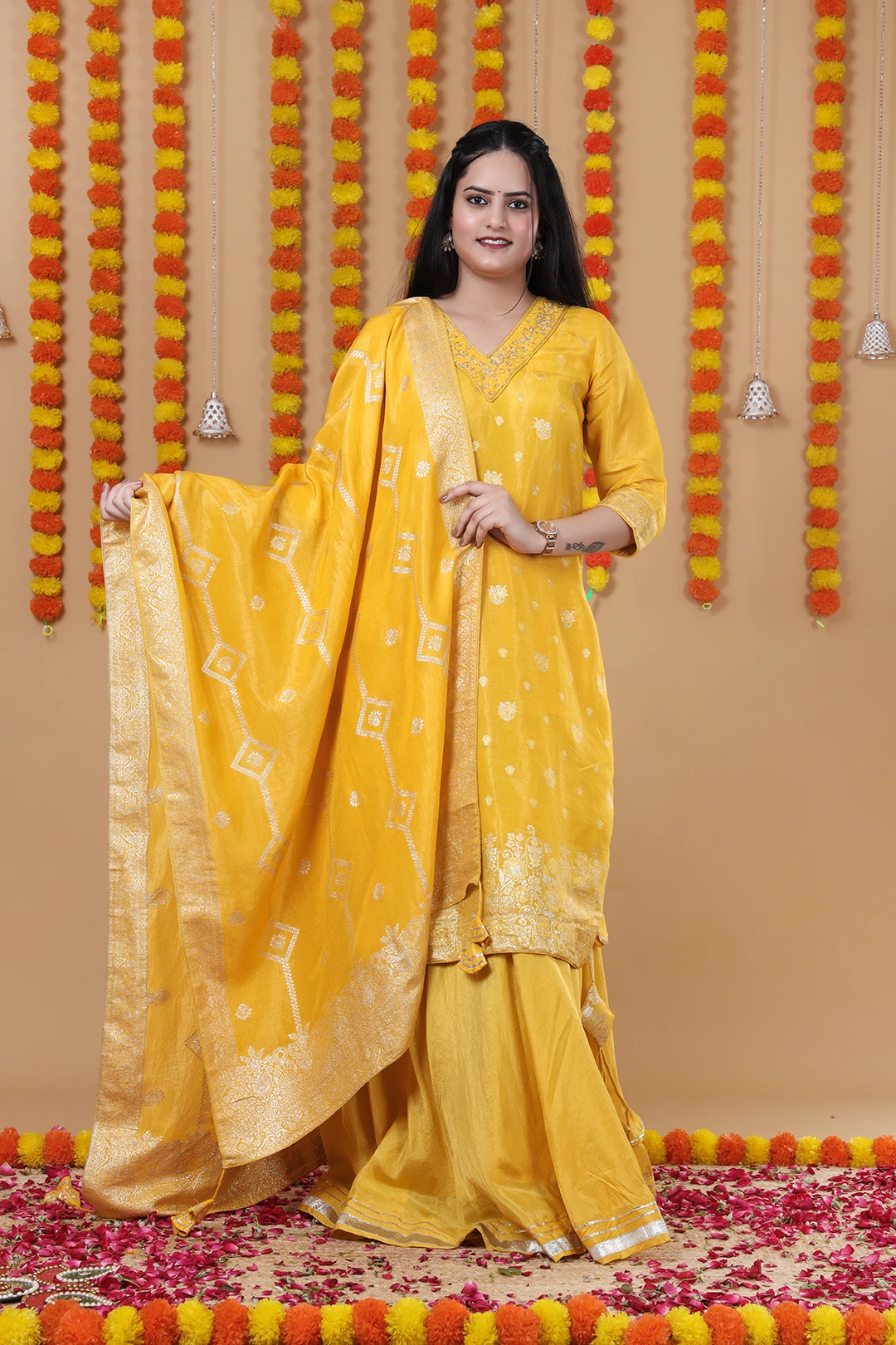 Vglame Women Yellow V-Neck Kurta Set with Handwork & Zari Dupatta