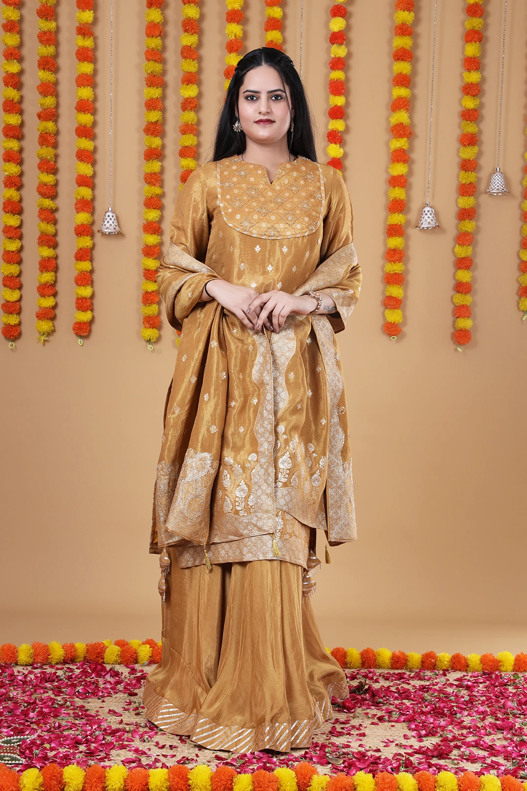 Vglame Women Golden Ethnic Kurta Lehenga Set with Handwork & Zari Dupatta