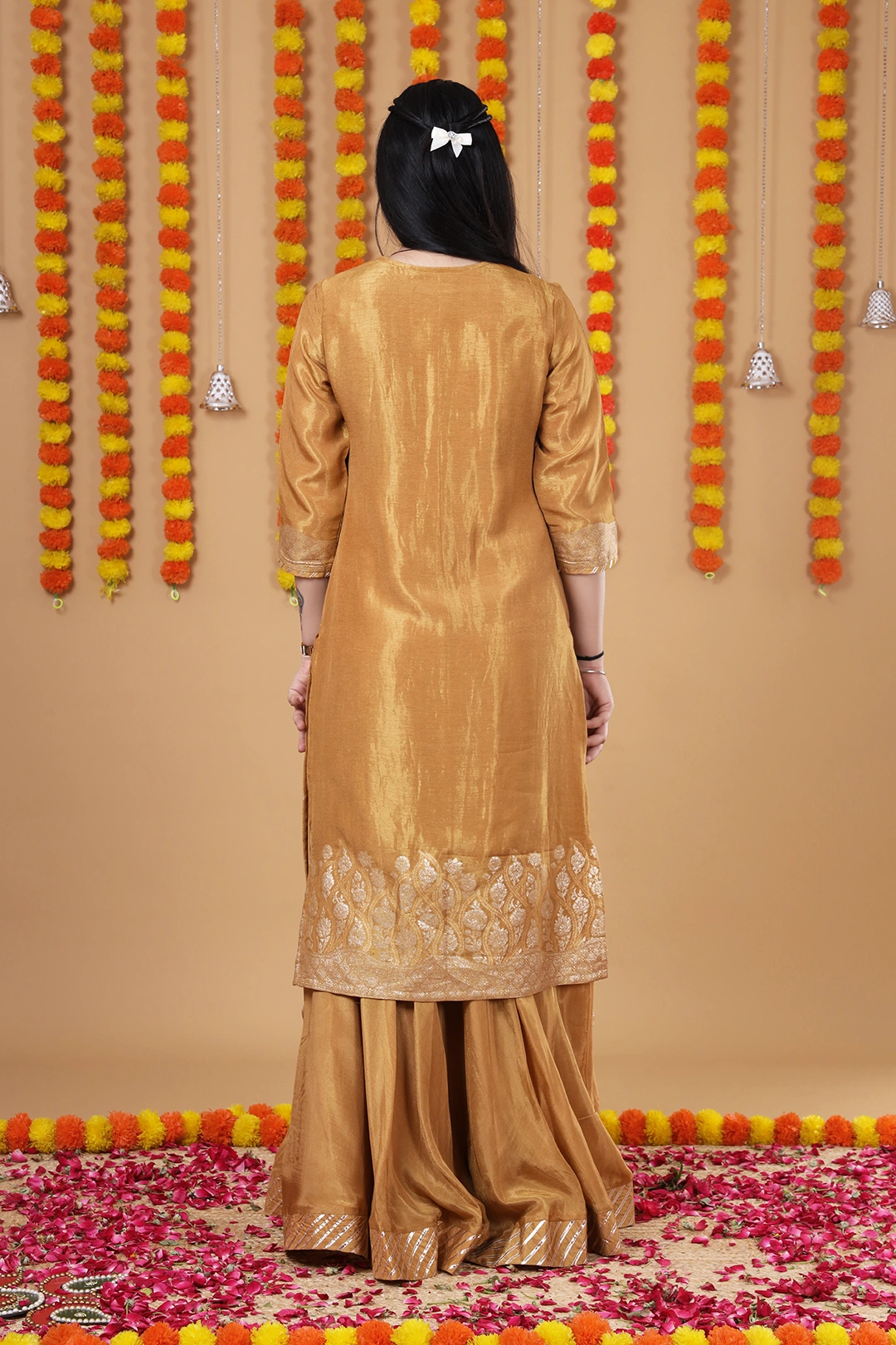 Vglame Women Golden Ethnic Kurta Lehenga Set with Handwork & Zari Dupatta alternate view
