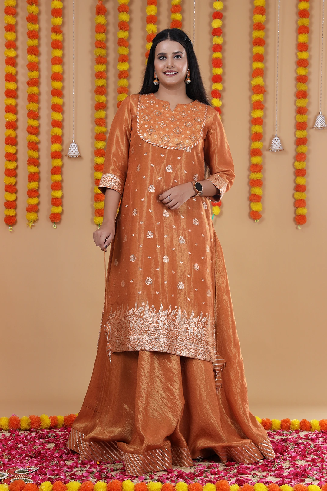 Vglame Women Rust Orange Festive Kurta Lehenga Set with Yoke Work & Zari Dupatta