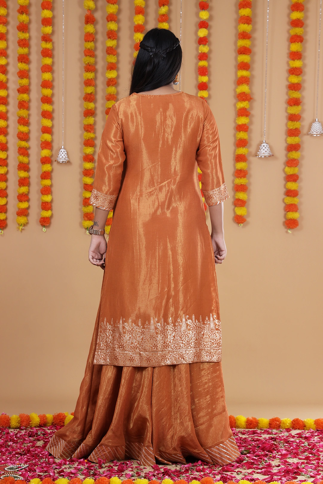 Vglame Women Rust Orange Festive Kurta Lehenga Set with Yoke Work & Zari Dupatta alternate view