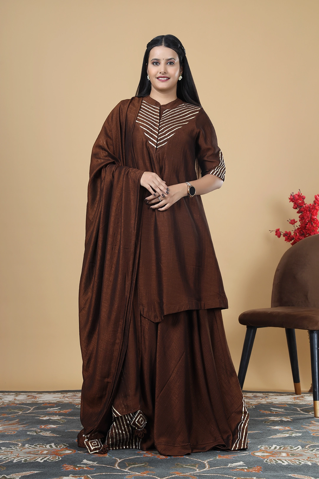 Vglame Women Brown Traditional Kurta Lehenga Set with Gota Work