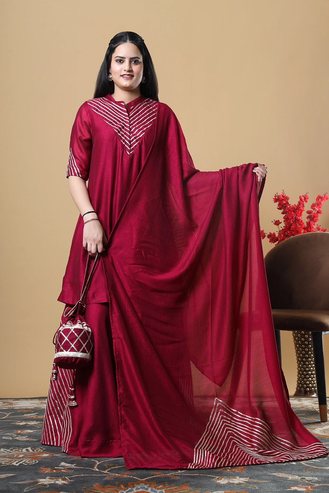 Vglame Women Burgundy Traditional Kurta Lehenga Set with Gota Work