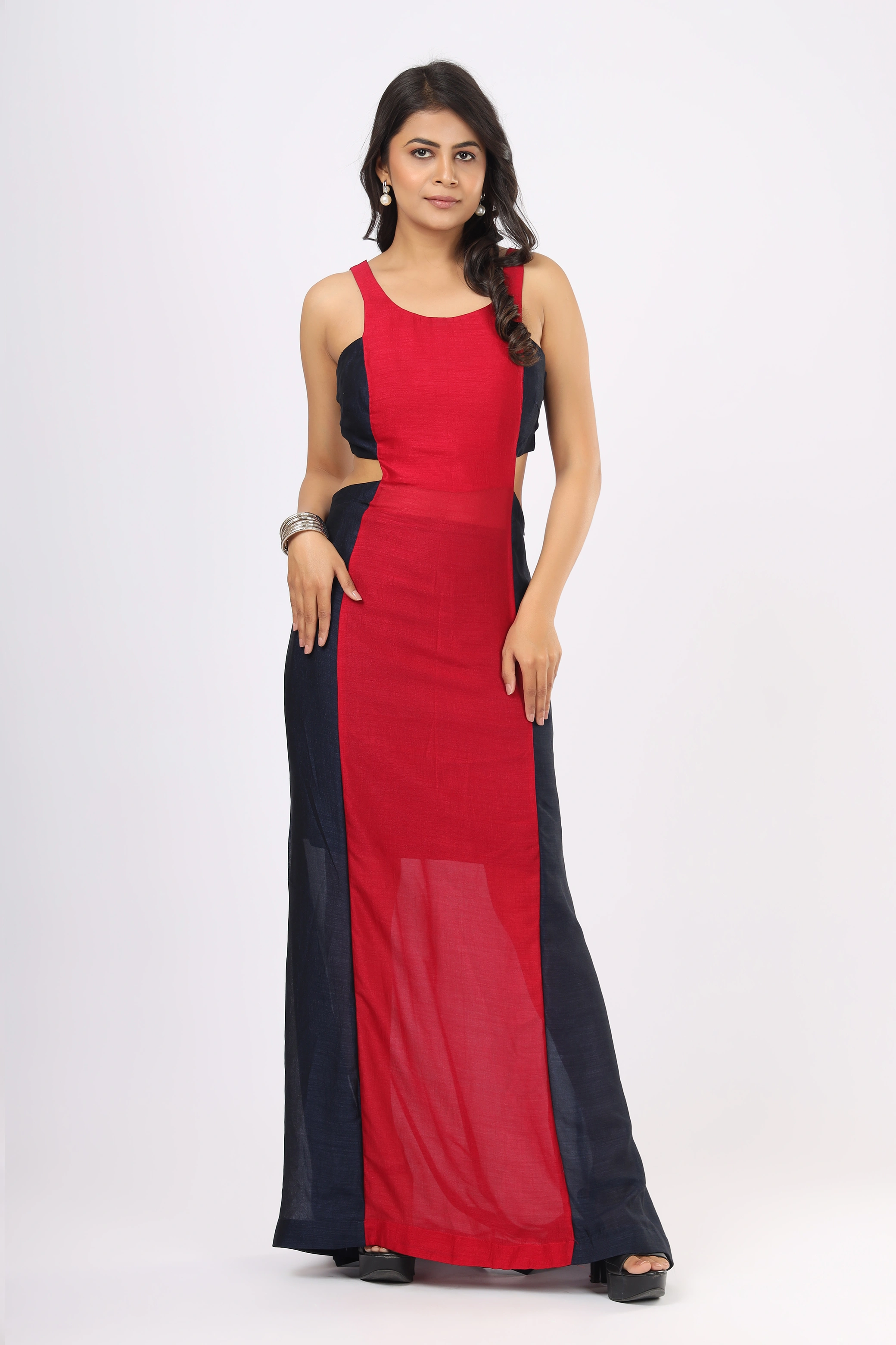 Vglame Women Magenta & Blue Color Block Party Wear Maxi Dress | Straight Fit | V-Silk Fabric