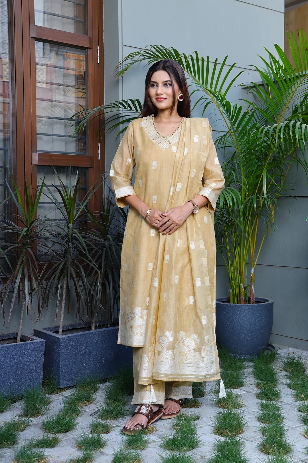 VGlame Yellow Jamdani Cotton Straight Kurta Set with Dupatta | 3 Piece Ethnic Suit Set