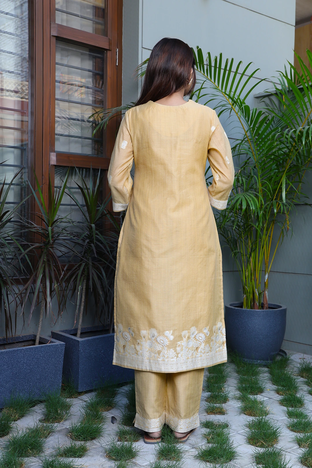 VGlame Yellow Jamdani Cotton Straight Kurta Set with Dupatta | 3 Piece Ethnic Suit Set alternate view