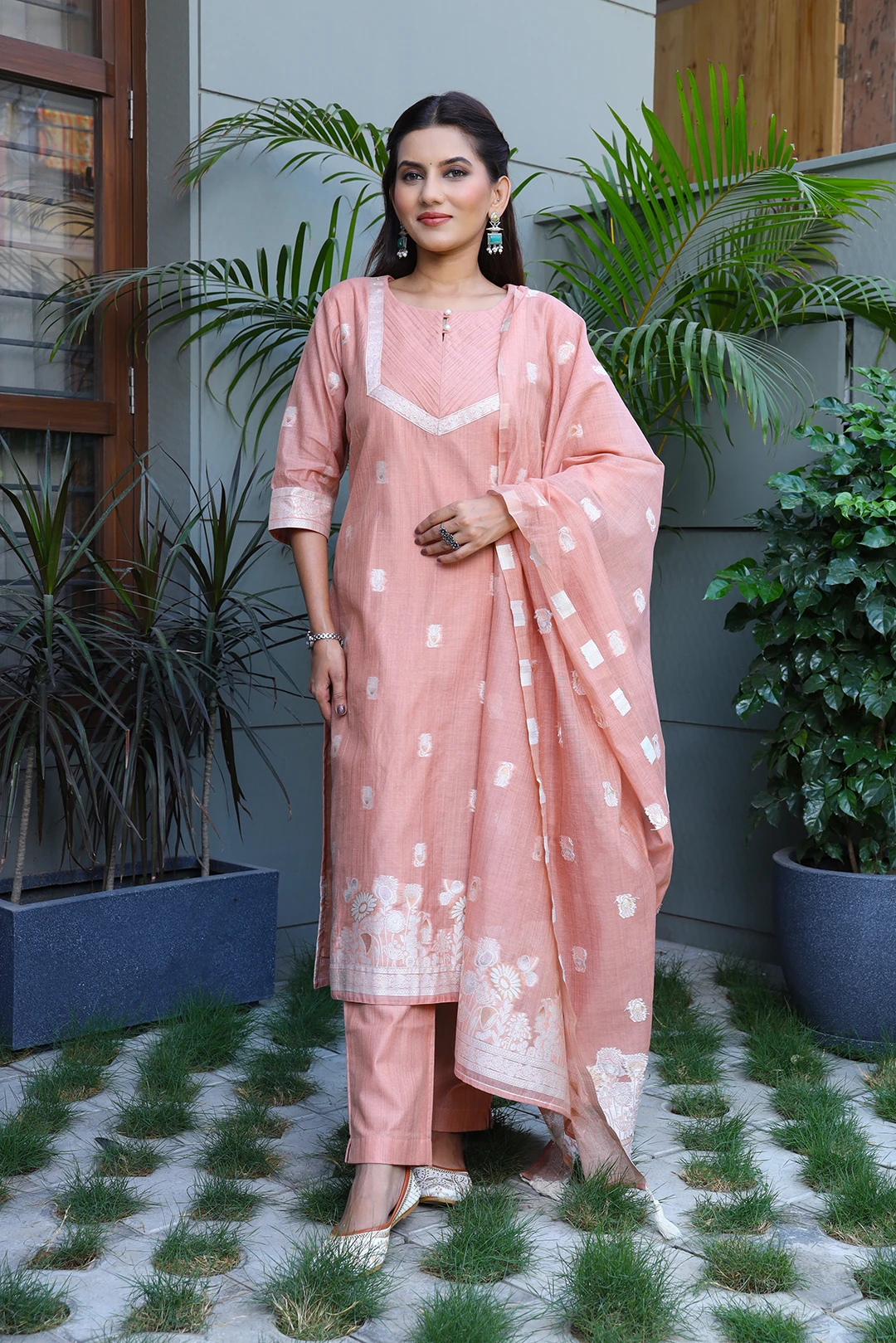 VGlame Peach Jamdani Cotton Floral Printed Kurta Set with Dupatta | 3 Piece Ethnic Suit Set