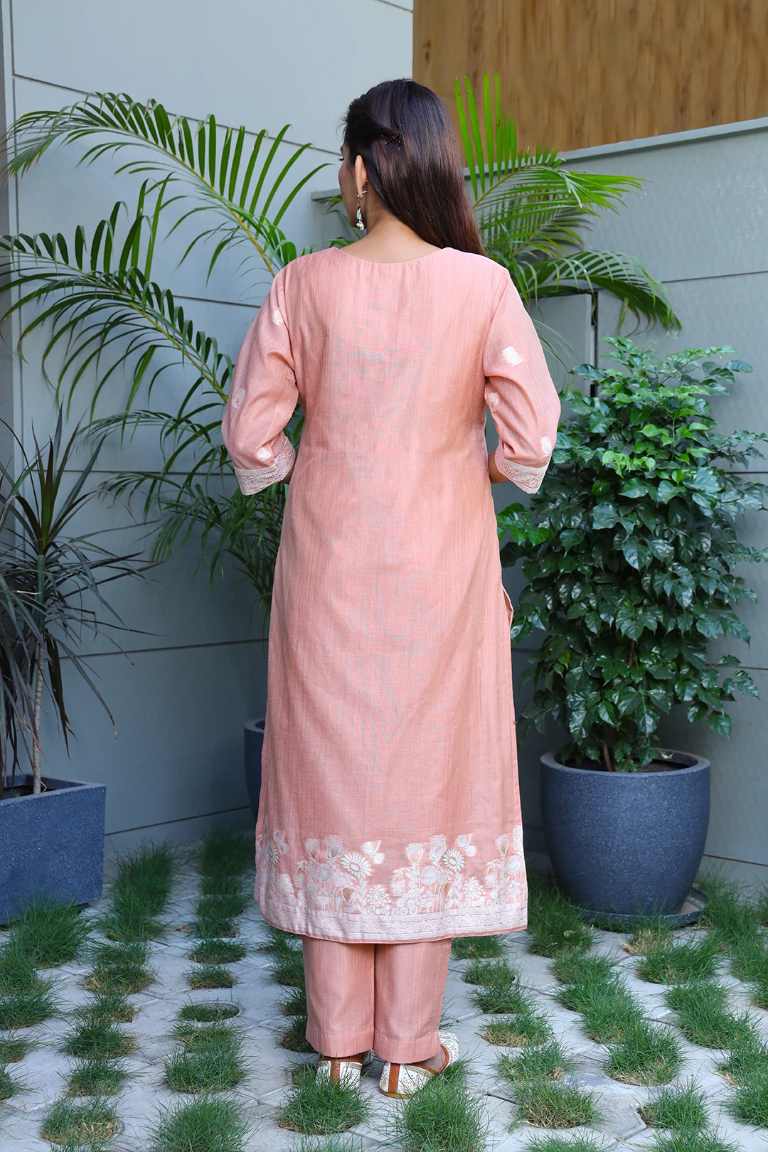 VGlame Peach Jamdani Cotton Floral Printed Kurta Set with Dupatta | 3 Piece Ethnic Suit Set alternate view