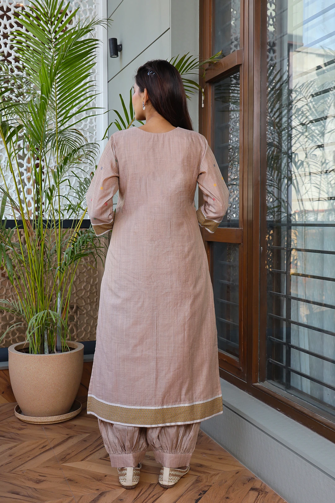 VGlame Dusty Pink Jamdani Cotton Kurta Set with Afghani Salwar & Dupatta | 3 Piece Set alternate view