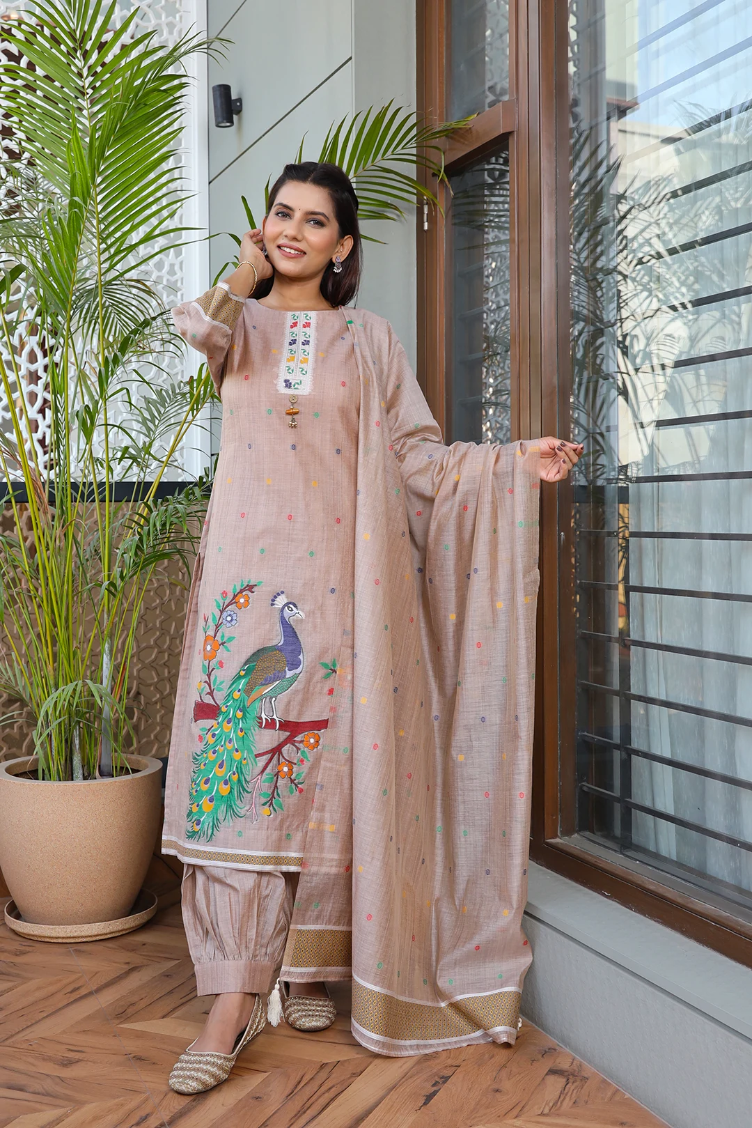 VGlame Dusty Pink Jamdani Cotton Kurta Set with Afghani Salwar & Dupatta | 3 Piece Set